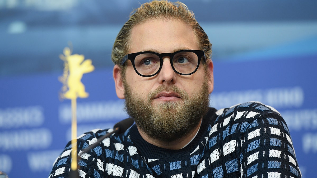 Jonah Hill standing at a press conference during the Berlinale International Film Festival in Berlin