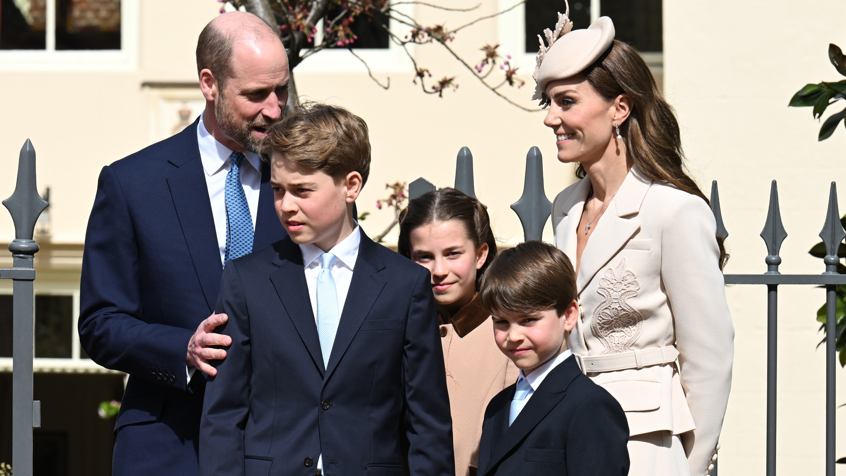William, Prince of Wales, Prince George, Princess Charlotte, Prince Louis and Catherine, Princess of Wales depart after the 2026 Easter Matins Service at St George's Chapel on April 05, 2026