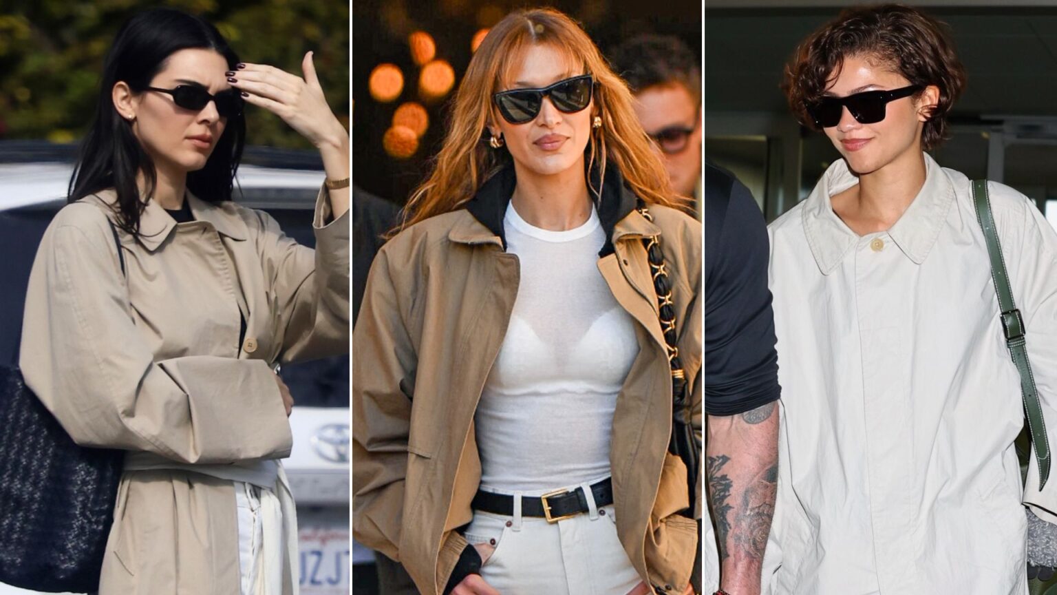 6 Celebrity Camel Coat Outfits With Flats That Are Spring Personified collage of celebrities wearing the spring uniform of a camel jacket and flats
