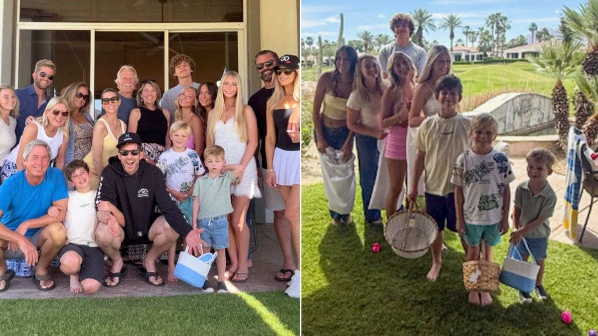 A large group of adults and children posing together on a patio under a ceiling fan. Sid eby side with the children doing an easter egg hunt.