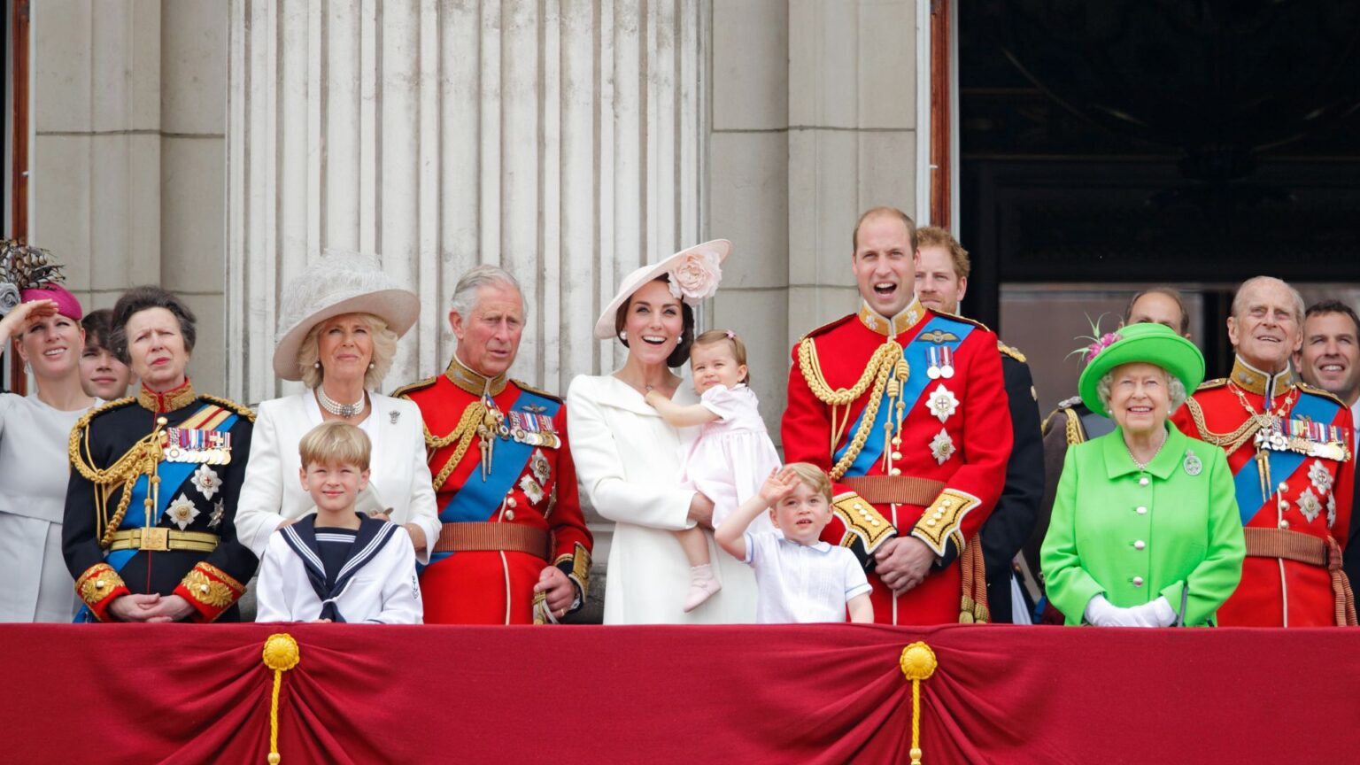 Zara Tindall, Princess Anne, Queen Camilla, Princess Kate, King Charles, Queen Elizabeth on the balcony at Buckingham Palace in 2016
