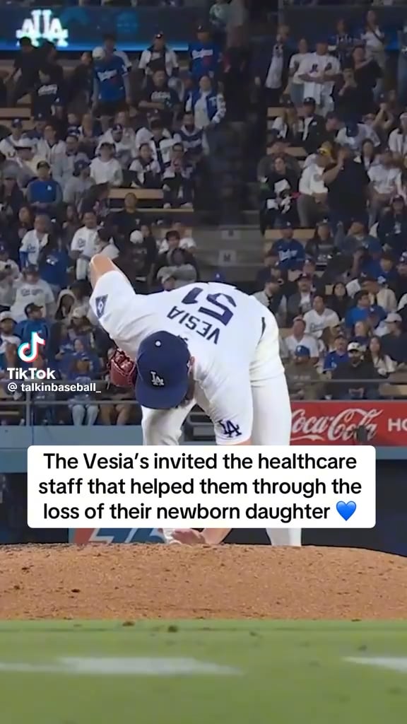 For Healthcare Appreciation Night at Dodger Stadium, Alex and Kayla Vesia invited the staff that helped them through the passing of their newborn daughter Sterling in October. Alex says he was about to cry after striking out all three batters he faced to close out the win.