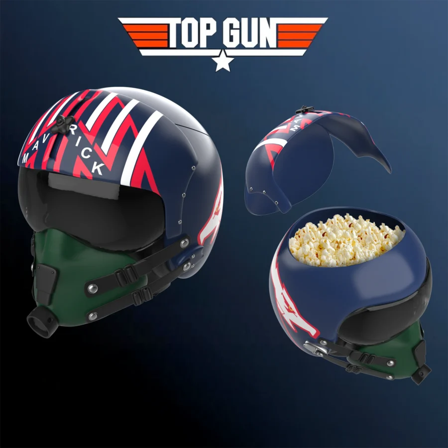 Two stylized pilot helmets with red white and blue graphics float against a dark blue gradient with the Top Gun logo overhead and popcorn visible in the lower right corner