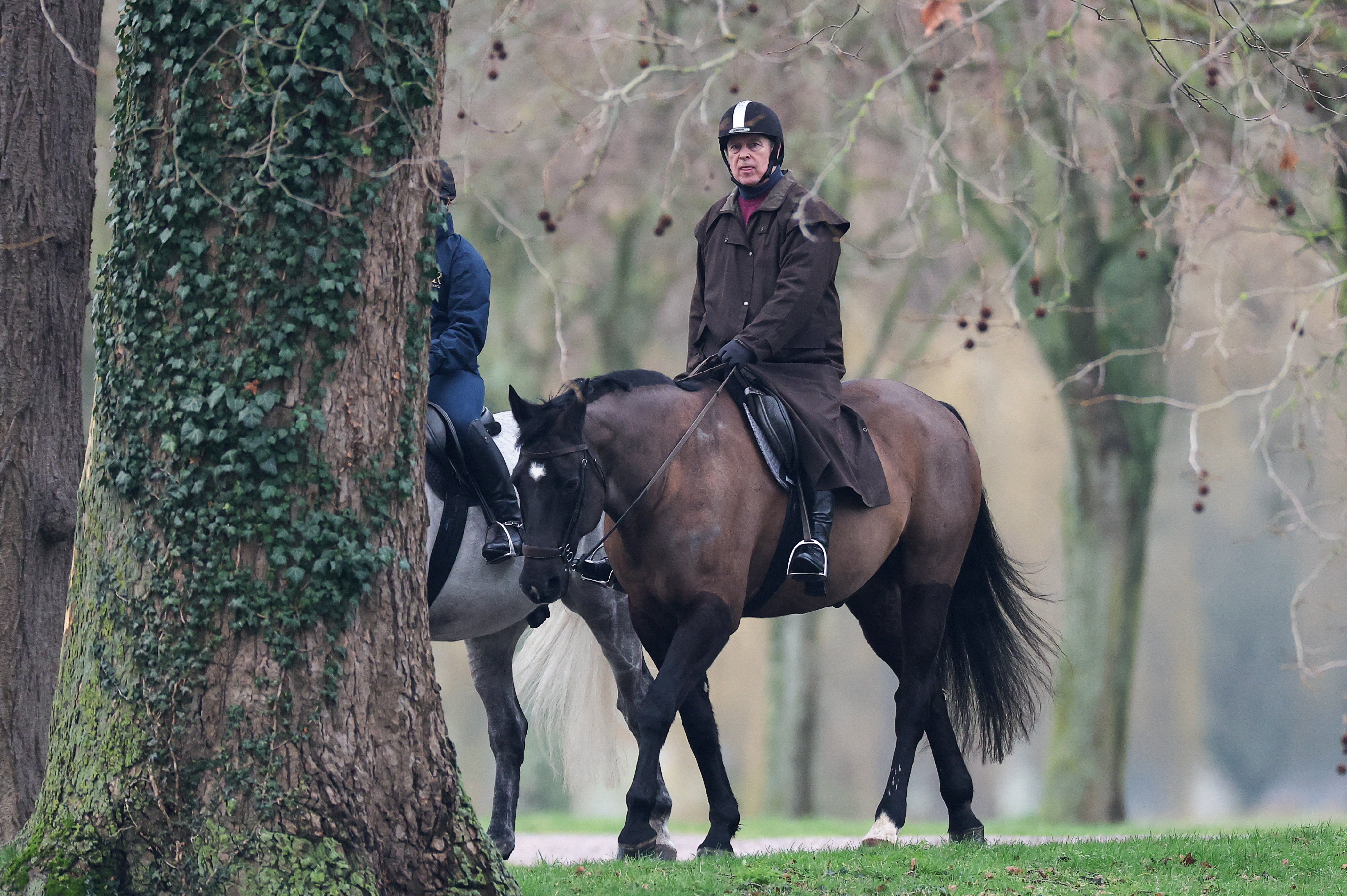 Andrew Mountbatten-Windsor rides a horse in Windsor Great Park, near Royal Lodge, a property on the estate surrounding Windsor Castle, on 2 February 2026