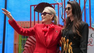 Anne Hathaway (R) and Meryl Streep smile during a conference for the movie "The Devil Wears Prada 2" at Casa Azul on March 30, 2026 in Mexico City, Mexico. (Source: Cristopher Rogel Blanquet/Getty Images)