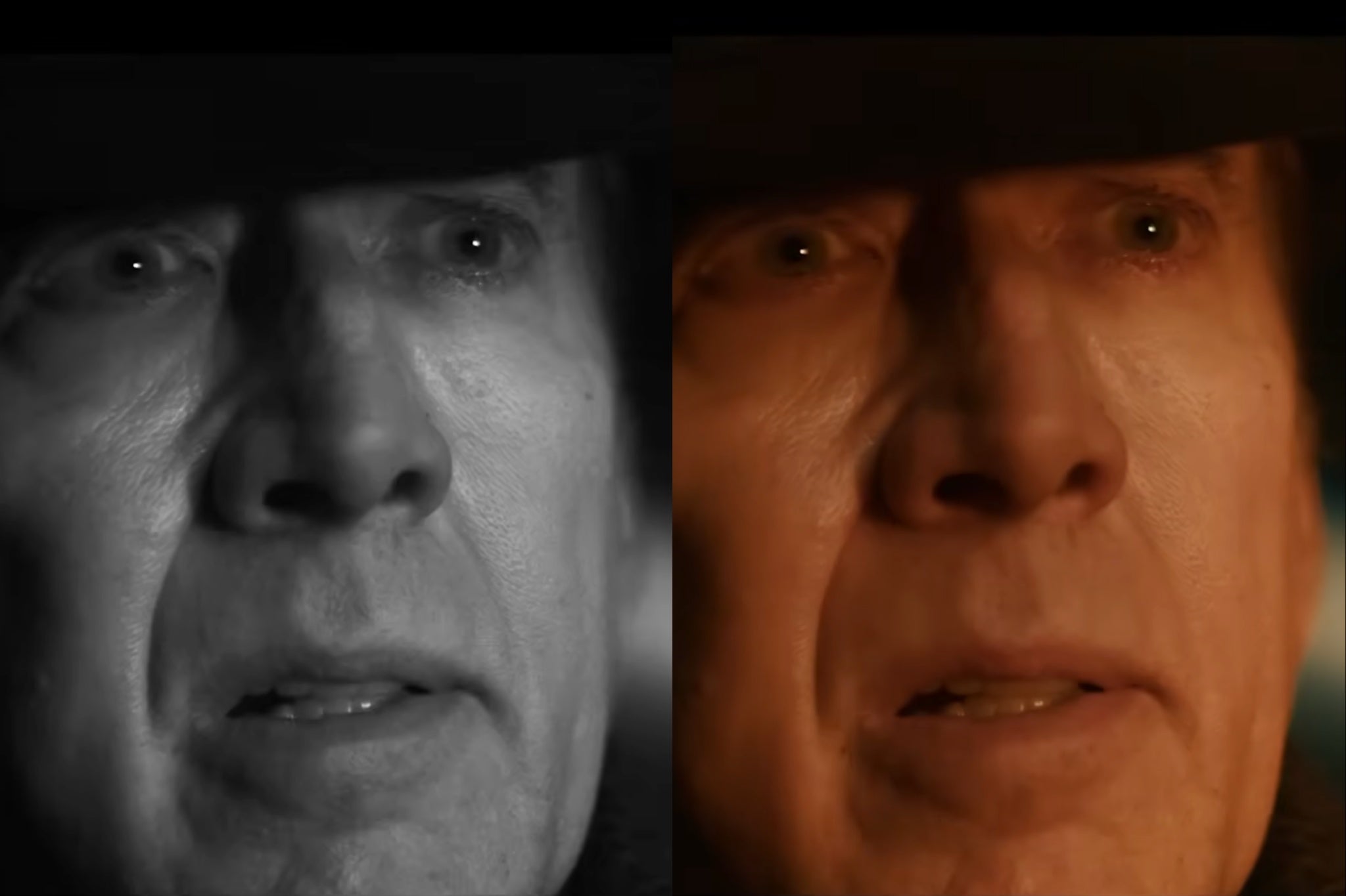Nicolas Cage as he appears in the black-and-white and color versions of the trailer for 'Spider-Noir'