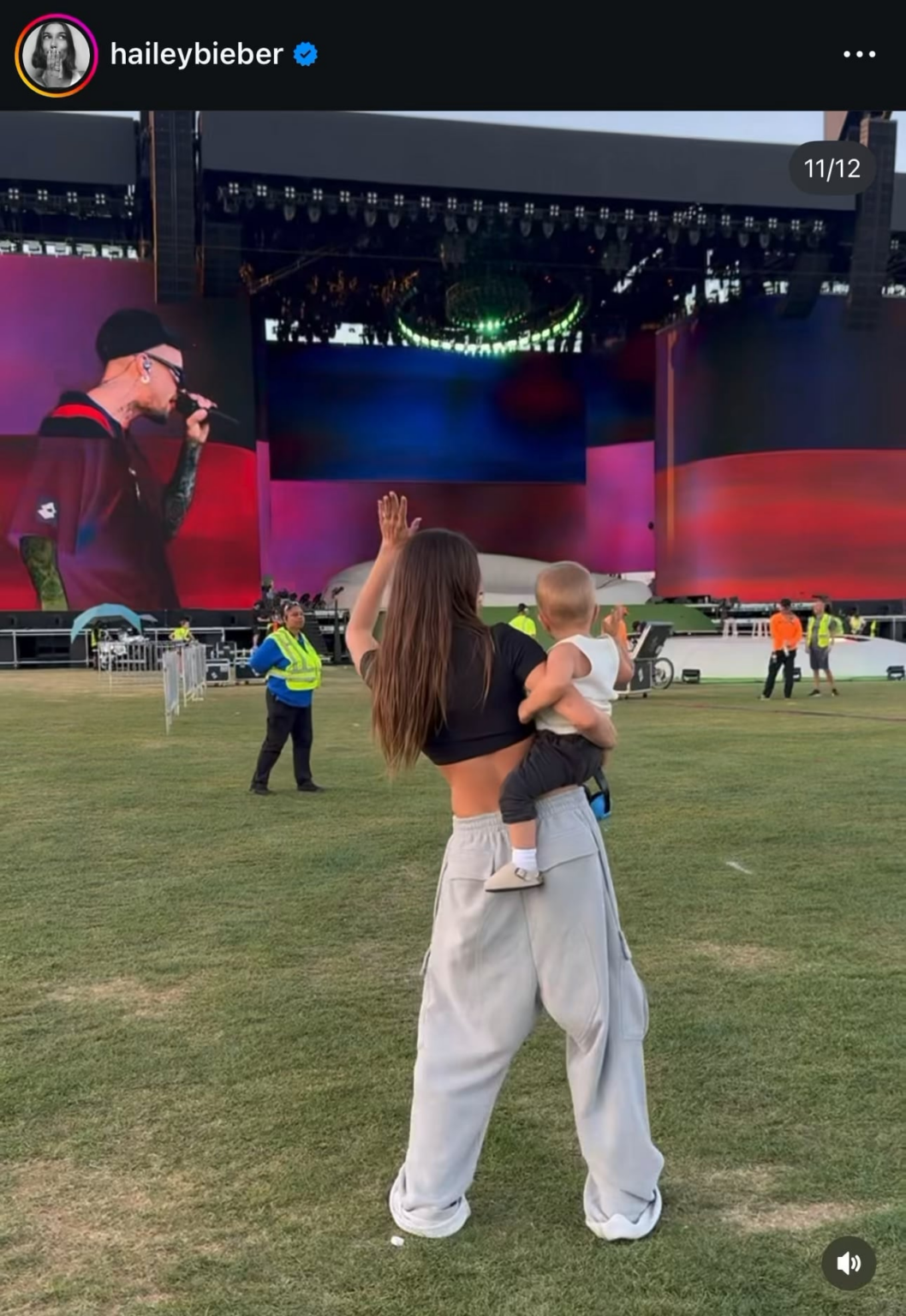 Hailey Bieber shares video dancing with son, Jack Blues Bieber, while watching Justin Bieber rehearse for Coachella.
