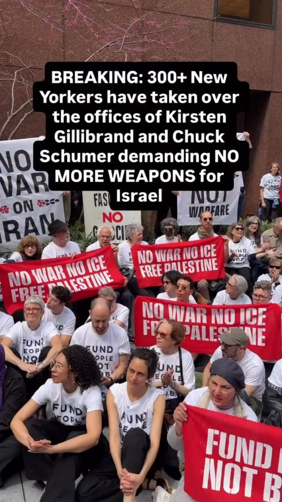 New Yorkers have taken over the offices of Kirsten Gillibrand and Chuck Schumer demanding no more weapons for Israel