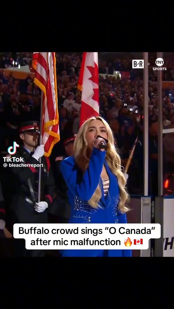Buffalo Sabres fans sing ‘O Canada’ after microphone mishap for anthem singer Cami Clune; in Buffalo for game 5 of the Eastern Conference first round