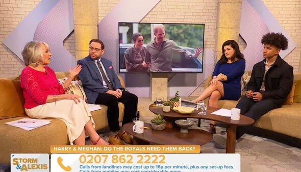 Nina Myskow sits beside a male guest as Storm Huntley and Radzi sit opposite her and an image of Prince Harry and Meghan Markle is braodcast on a scre