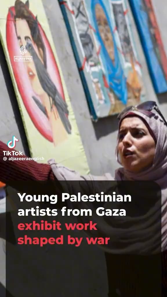 In Gaza’s Bureij refugee camp, 64 young Palestinian artists have been showcasing works shaped by years of war, displacement and loss.