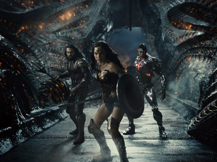 This image released by HBO Max shows, from left, Jason Momoa as Aquaman, Gal Gadot as Wonder Woman, and Ray Fisher as Cyborg, in a scene from "Zack Snyder's Justice League." (HBO Max via AP)