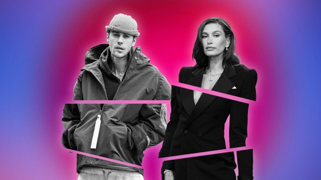 A photo of Justin Bieber and Hailey Bieber against a pink and purple background, in which they are seen posing in black and white photos with cuts edited in through their bodies.