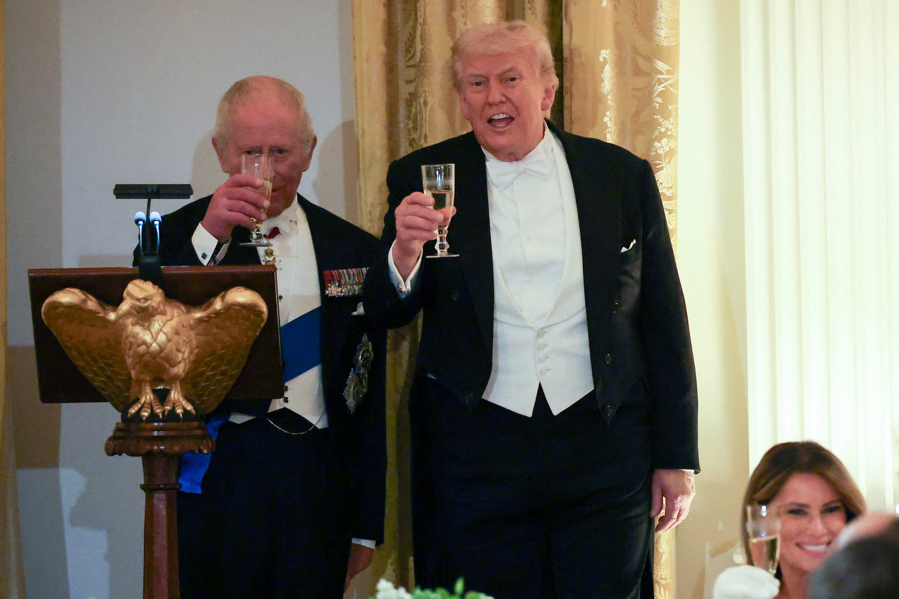 King Charles and President Donald Trump raise a toast at the White House state dinner Tuesday evening