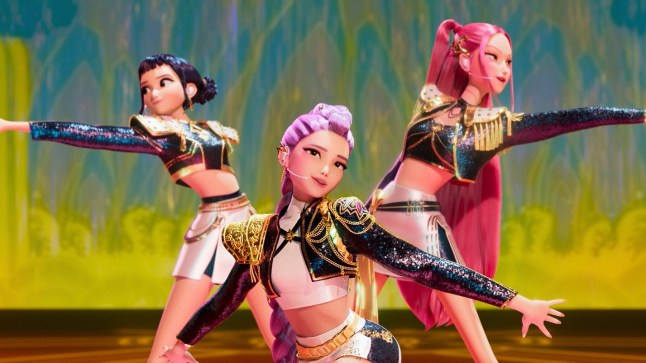 This image released by Netflix shows characters Zoey, from left, Rumi and Mira in a scene from 