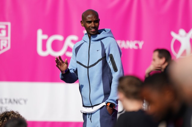 Sir Mo Farah acknowledges the crowd during the 2026 TCS London Marathon. Picture date: Sunday April 26, 2026. PA Photo. Photo credit should read: Ben Whitley/PA Wire. NOTE TO EDITORS: Use subject to restrictions. Editorial use only, no commercial use without prior consent from rights holder.
