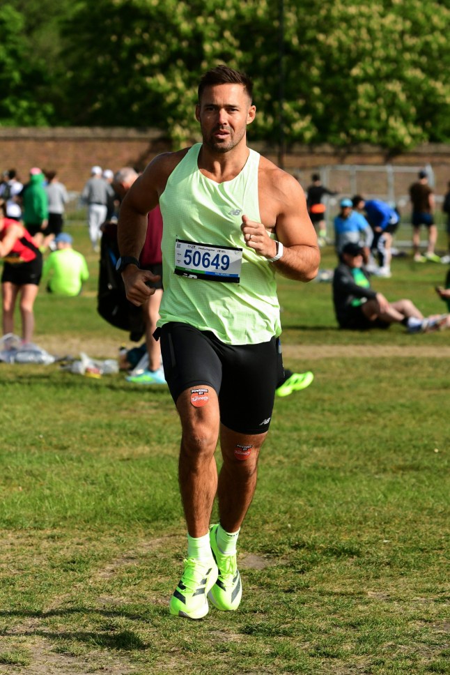 LONDON, ENGLAND - APRIL 26: (EDITORS NOTE: This image has been digitally edited) Spencer Matthews takes on the Marathon with The Turmeric Co. ???tattooed??? across his knees, championing the role of natural nutrition ??? and ingredients like turmeric ??? in supporting recovery and helping to prevent running-related injuries on April 26, 2026 in London, England. (Photo by Antony Jones/Getty Images for The Turmeric Co. )