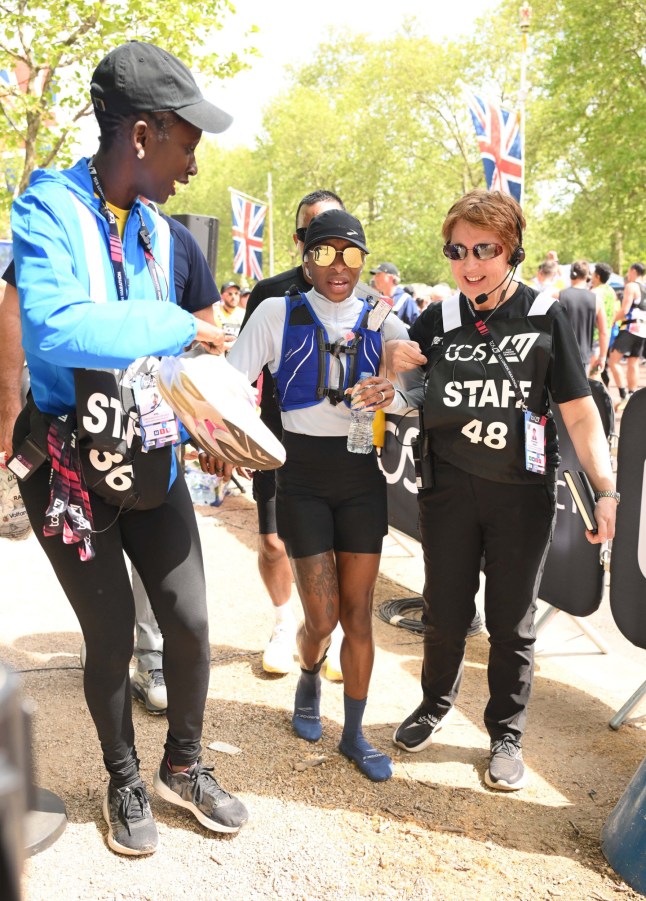 Cynthia Erivo finishes the 2026 TCS London Marathon, London, UK. 26/04/2026 Credit Photo (c)Karwai Tang For more information, please contact: Karwai Tang 07950 192531 karwai@karwaitang.com