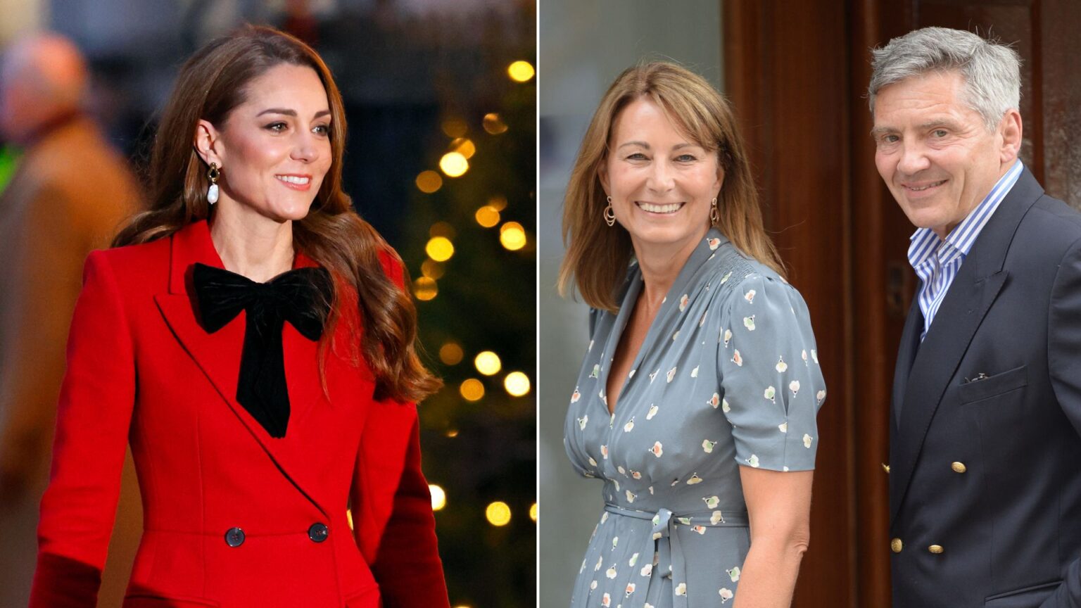 Princess Kate wears a bright red coat and has long wavy brown hair, while her parents Carole Middleton and Michael Middleton arrive at The Lindo Wing at St Mary's Hospital