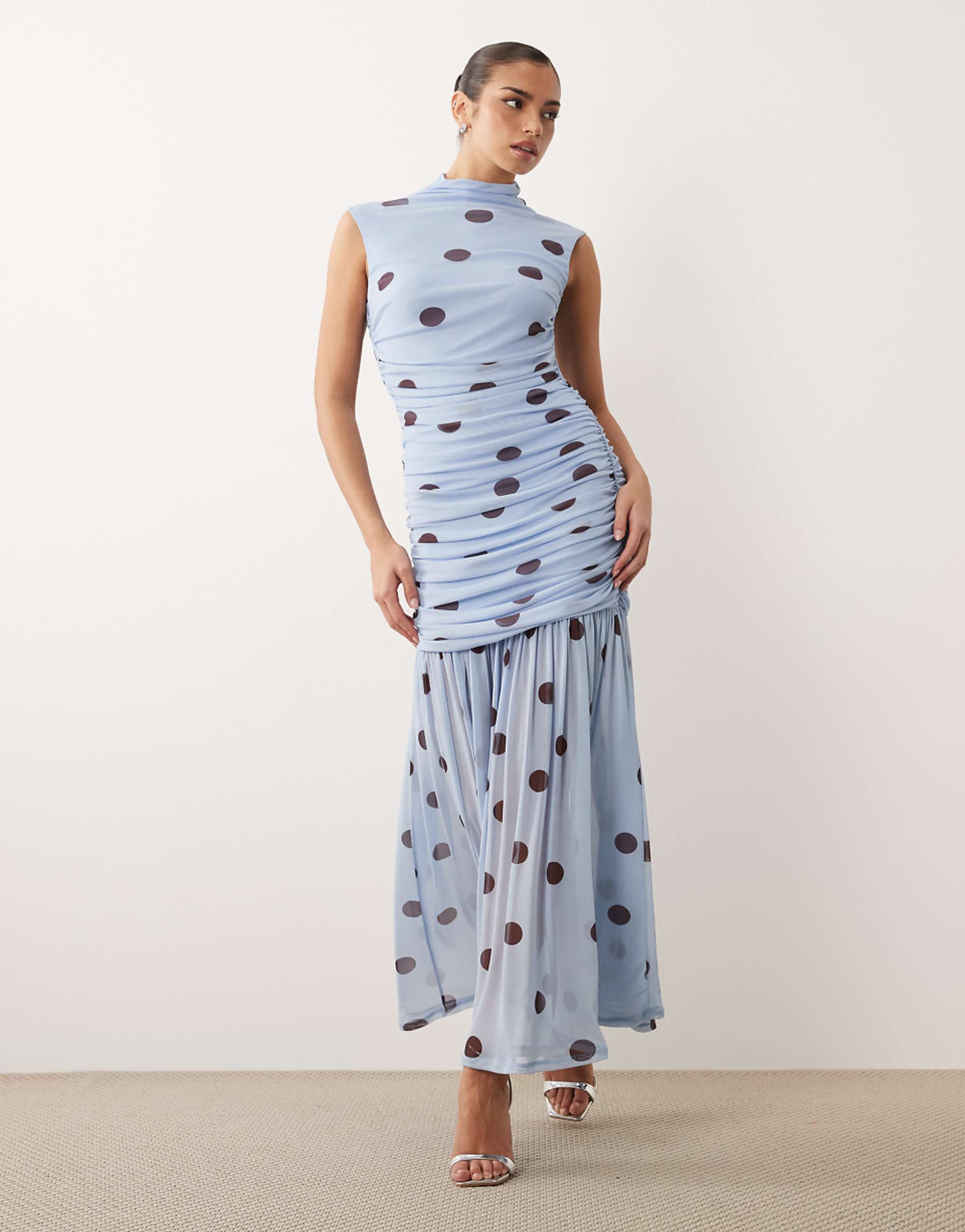 Asos Design Printed Polka Dot Ruched Drop Waist Circle Dress With Grown-On Neck in Blue