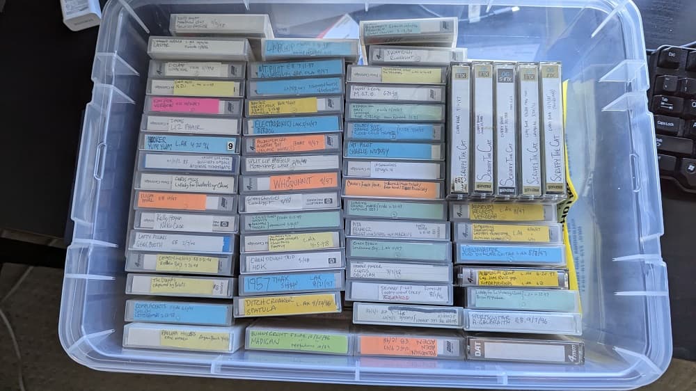 Box of Aadam Jacobs' tapes labelled with artists.
