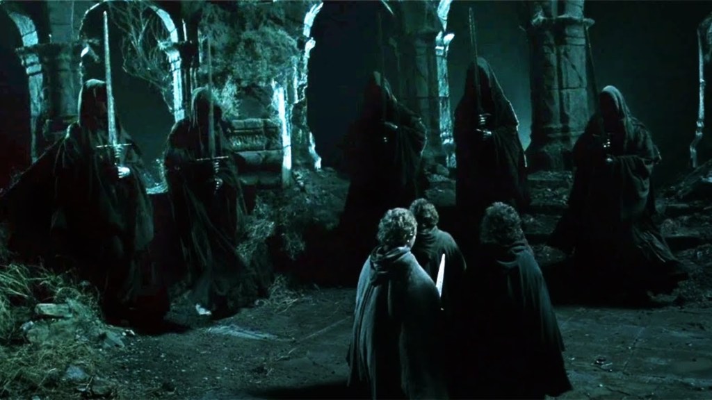 The Hobbits surrounded by the Nazgul in The Lord of the Rings: The Fellowship of the Ring