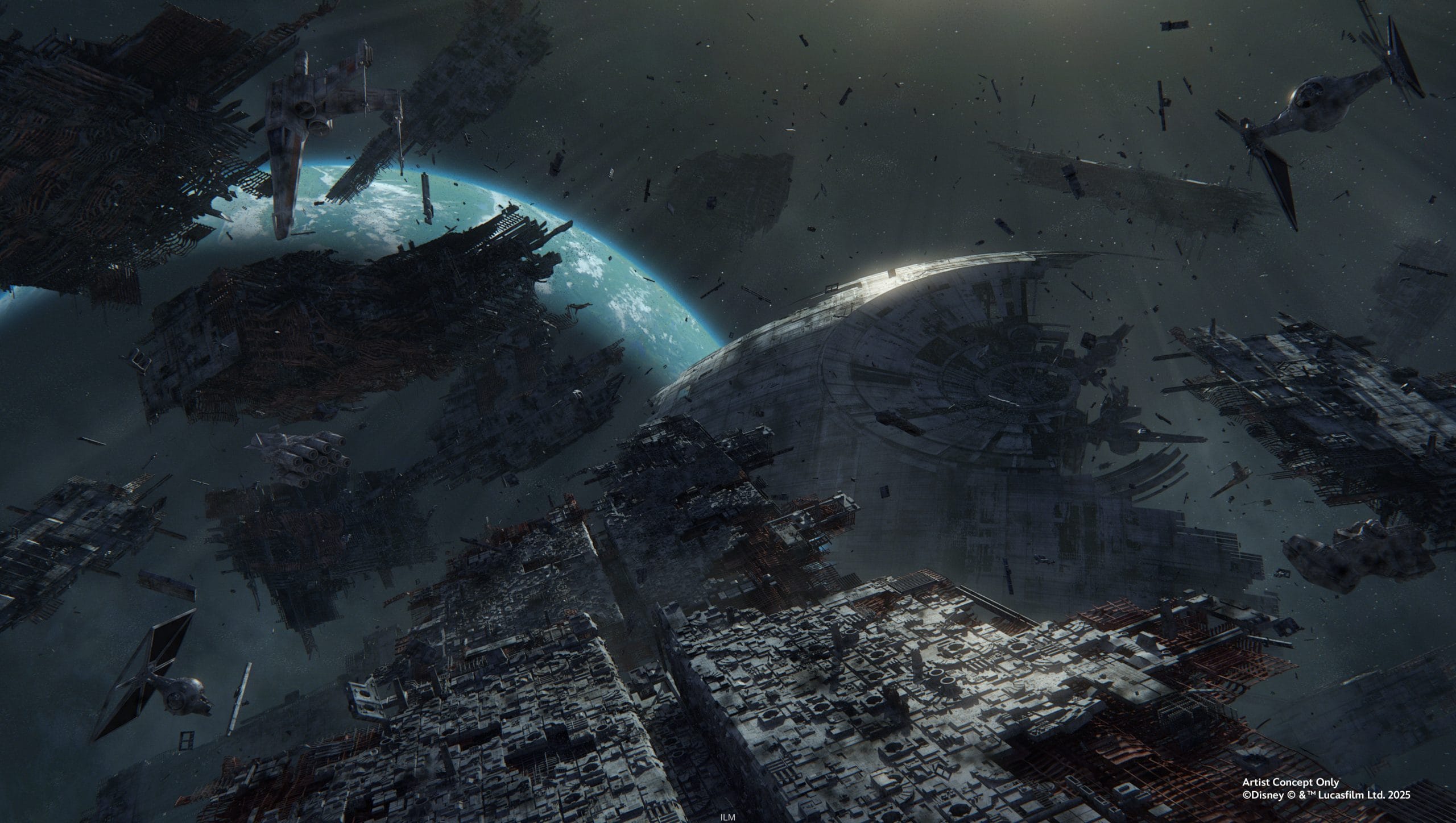 A vast space scene with starships, including the iconic Millennium Falcon, navigating through planetary debris orbiting a green-blue planet under a dark, starry sky.