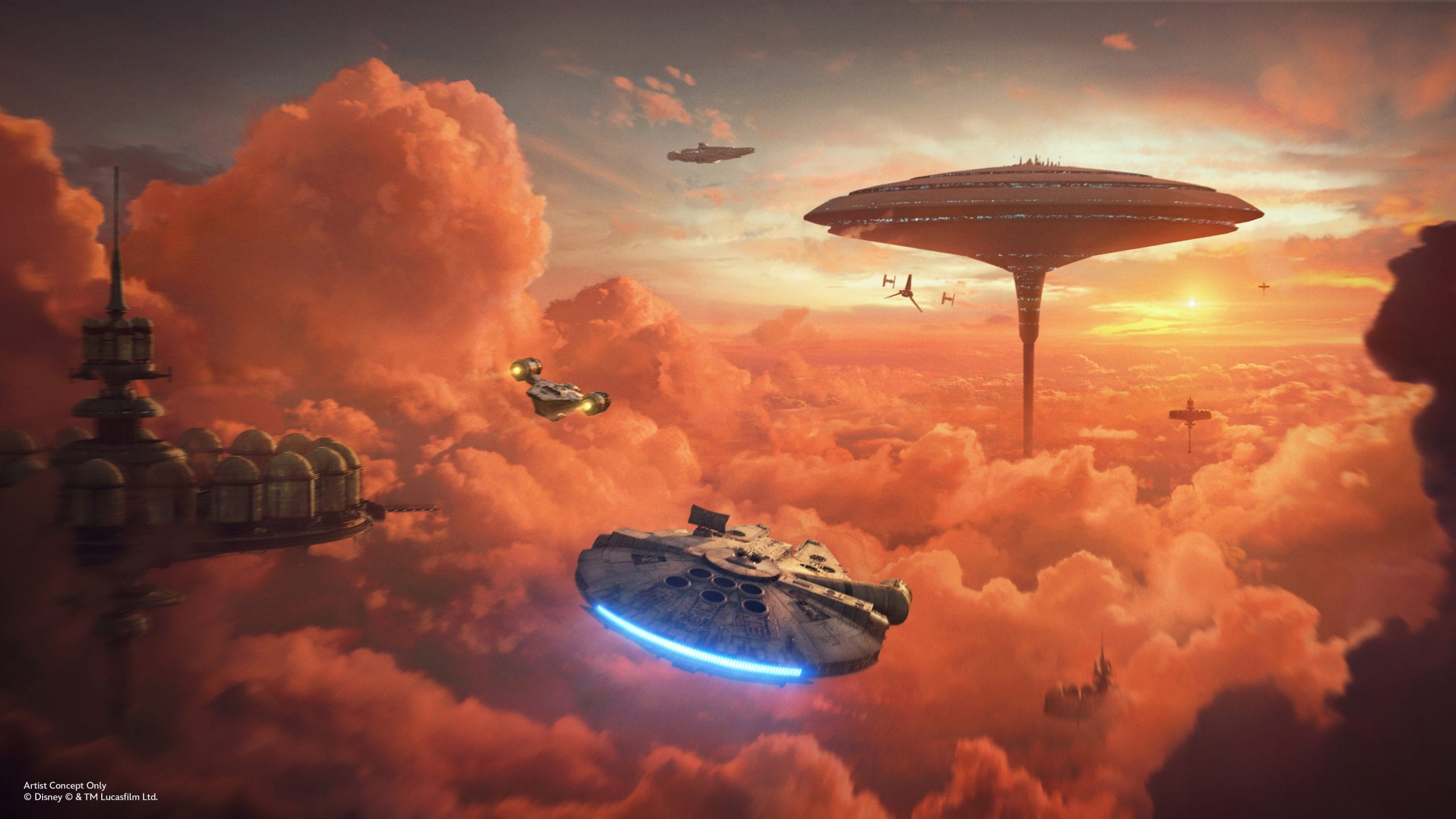 A futuristic city with cloud structures and flying spacecraft, including a Disney-inspired large disc-shaped ship, against a vibrant sunset sky.