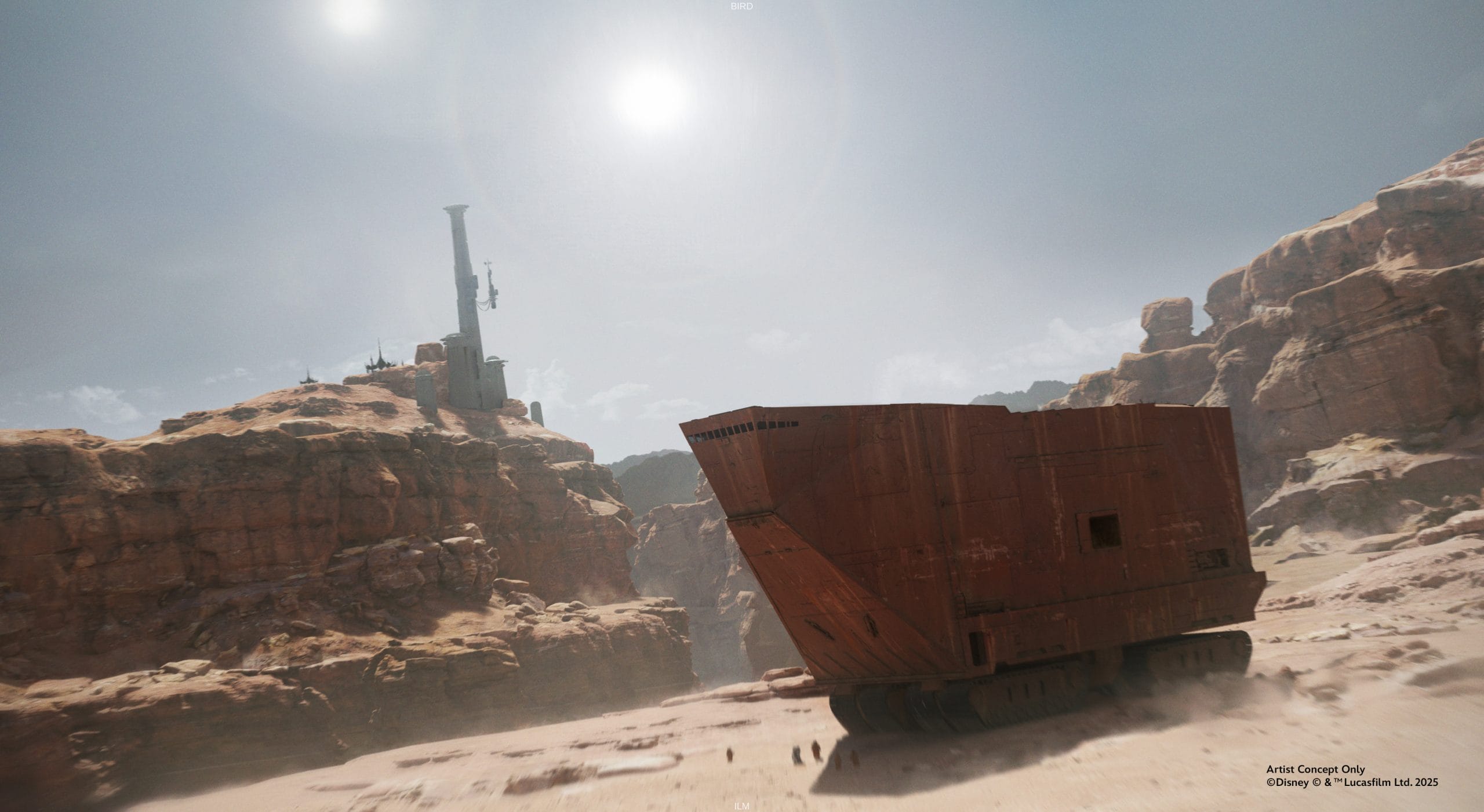 A large, rust-colored, rectangular vehicle moves across a sandy desert landscape, echoing the adventures of 