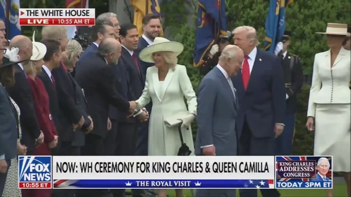 Trump cuts in front of Queen Camilla as she is shaking hands and shakes the hands of his own cabinet members