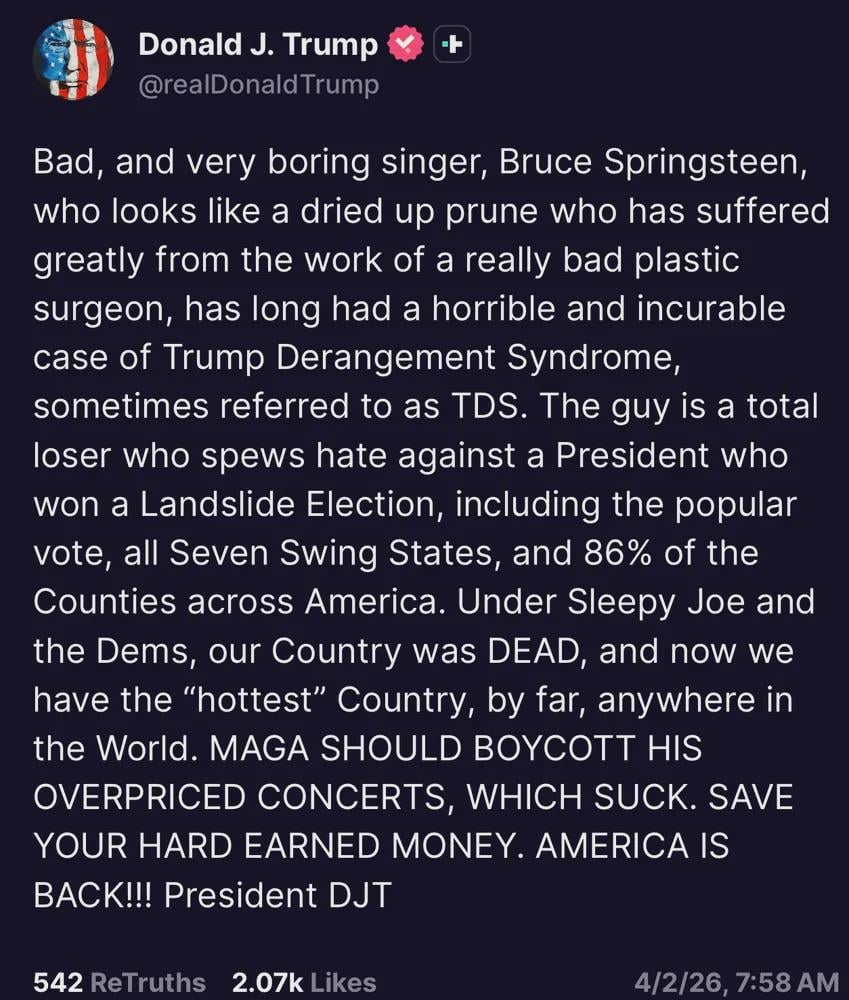 Donald Trump calls for a MAGA boycott of Bruce Springsteen's upcoming concerts
