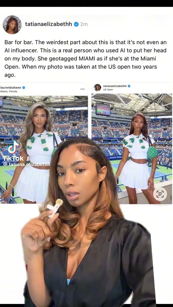 Tatiana Elizabeth calls out influencer Lauren Blake for using her 2024 US Open photo, and swapping their heads, to pass it off as her own 2026 Miami Open photo (Lauren has since deleted the post and blames AI for the mistake)