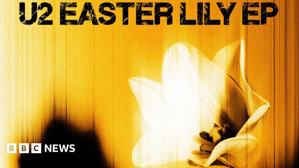 The picture shows the cover of U2's EP Easter Lily with a yellow background and a white flower