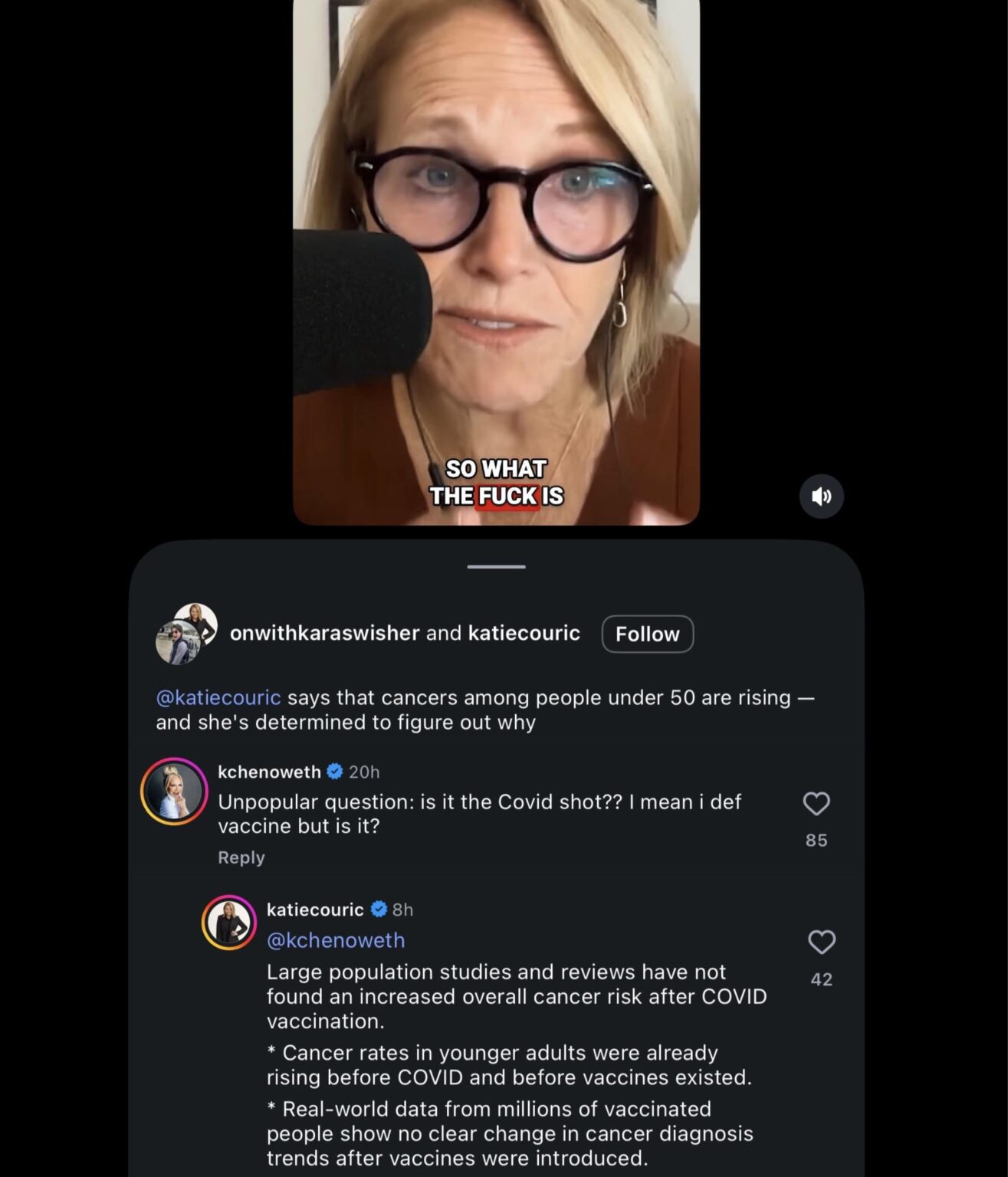 Katie Couric shuts down Kristin Chenoweth’s “unpopular question.” The COVID vaccine is NOT leading to an increase in cancers among people under 50.