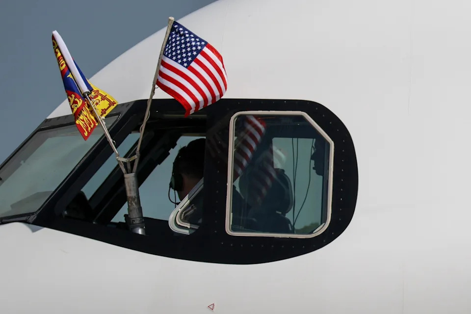 Win McNamee/Getty Images - PHOTO: A plane carrying King Charles III and Queen Camila taxis on day one of their State Visit to the United States, April 27, 2026 at Joint Base Andrews, Maryland.