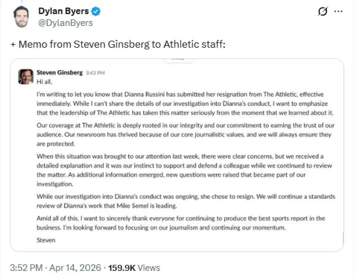 The Athletic's editor initially defended Russini, then opened an investigation days later. Credit: @DylanByers/X