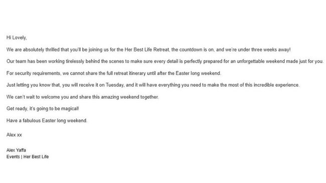 The email I received about security concerns from Her Best Life. 