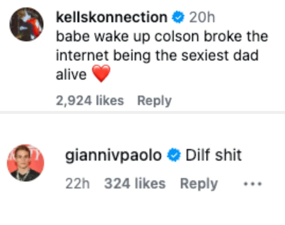 Instagram comment from user "kellskonnection": "babe wake up colson broke the internet being the sexiest dad alive ❤️" with 2,924 likes