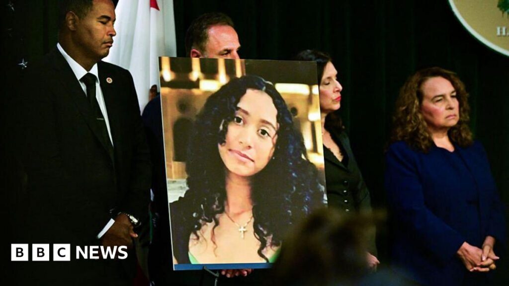 A portrait of the late Celeste Rivas Hernandez is shown during a press briefing by the Los Angeles County District Attorney and is flanked by other officials.