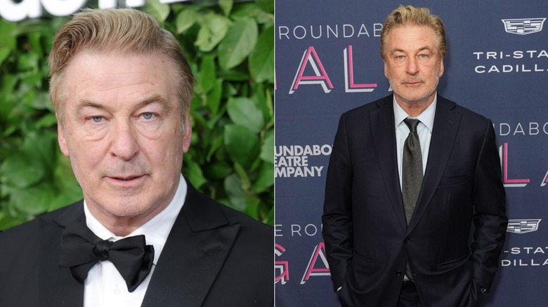 A close-up of Alec Baldwin and a photo of him posing in a suit