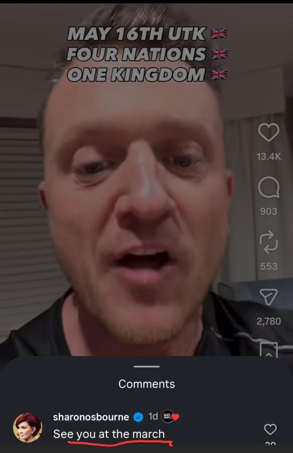 Sharon Osbourne has thrown her support behind a far-right, anti-immigration rally organised by Tommy Robinson