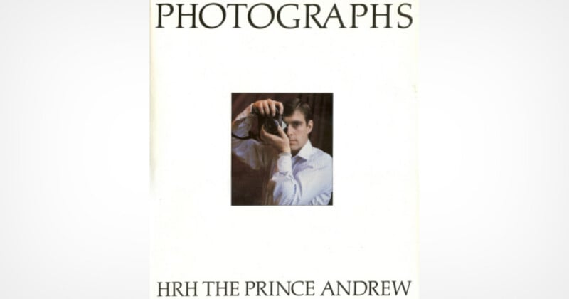 A book cover titled "PHOTOGRAPHS" featuring a man in a dress shirt looking into a camera. The text at the bottom reads, "HRH THE PRINCE ANDREW." The background is white and minimalistic.