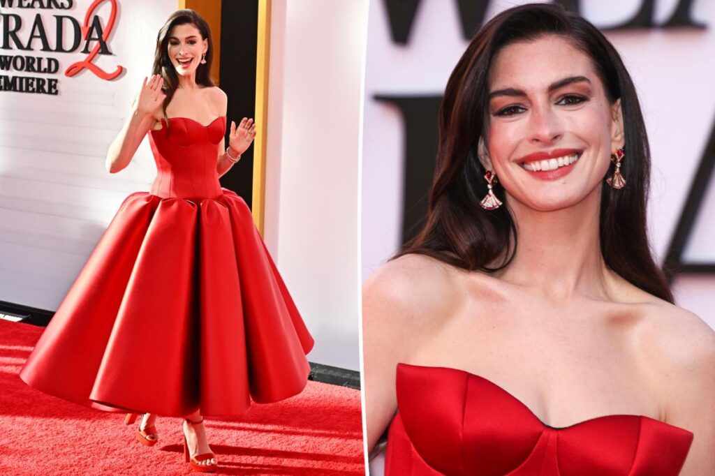 Anne Hathaway is radiant in sculptural red gown at ‘The Devil Wears Prada 2’ premiere