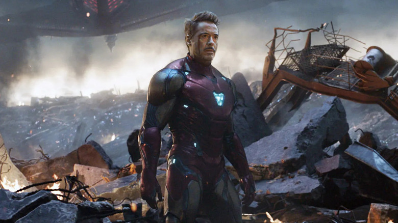 Robert Downey Jr. as Tony Stark, wearing the Iron Man armor in Avengers: Endgame.