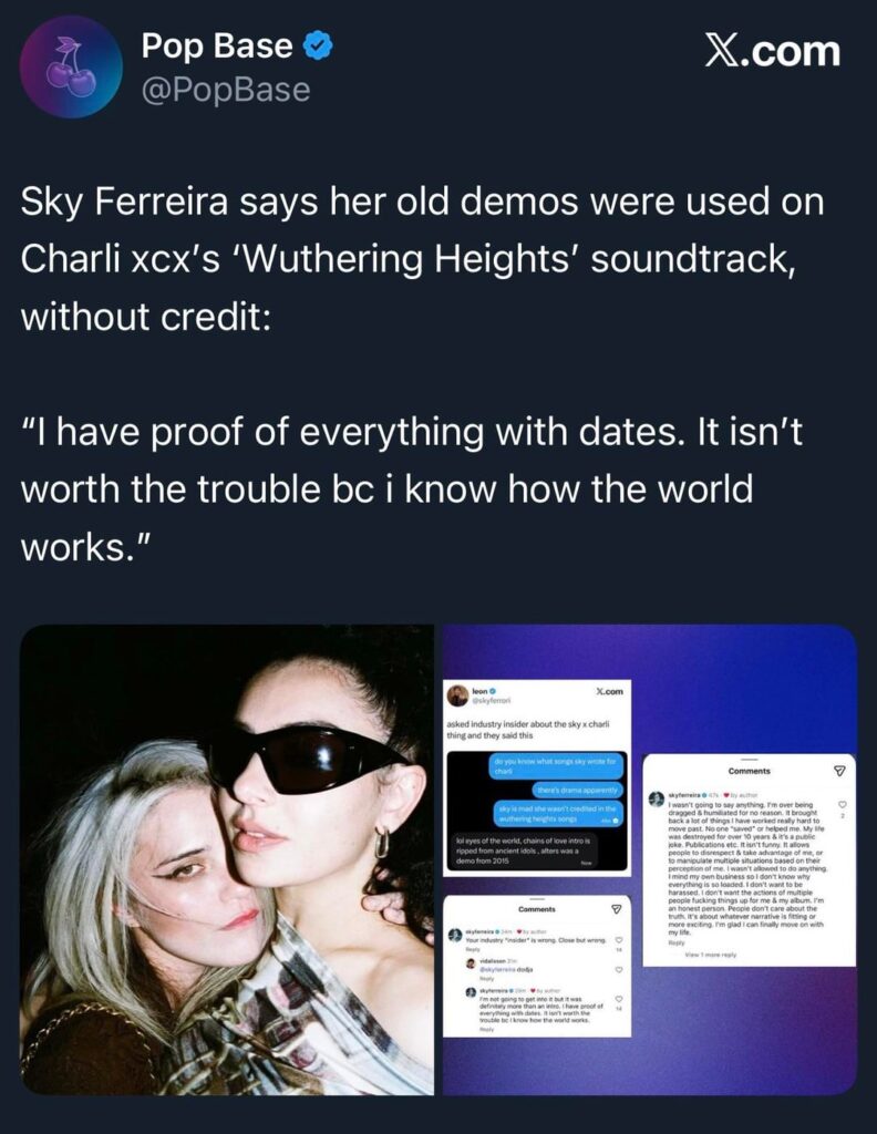 Sky Ferreira says her old demos were used on Charli xcx’s ‘Wuthering Heights’ soundtrack, without credit