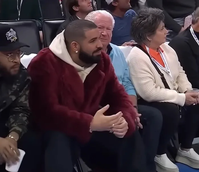 Person seated courtside at a sports event wearing a plush jacket, surrounded by other attendees
