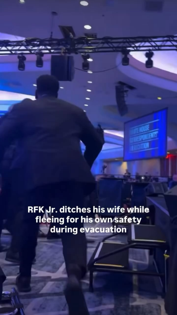 RFK Jr. gets rushed out of the WHCD and completely ignores his wife Cheryl Hines behind him.