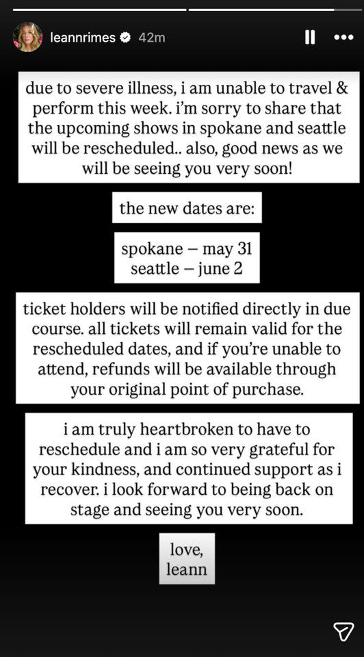 Rimes' announcement via Instagram StoriesCredit: LeAnn Rimes/Instagram