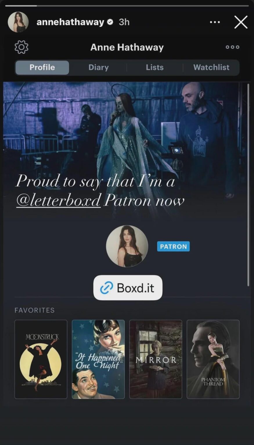 Anne Hathaway reveals her Letterboxd account