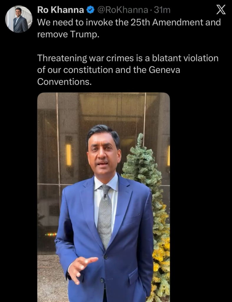 Rep. Ro Khanna calls for the invocation of the 25th amendment and the removal of Donald Trump.